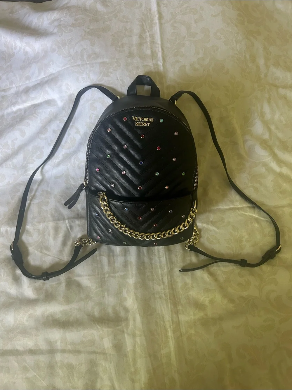 Victoria's Secret Black Quilted Mini Backpack with Multicolor Studs